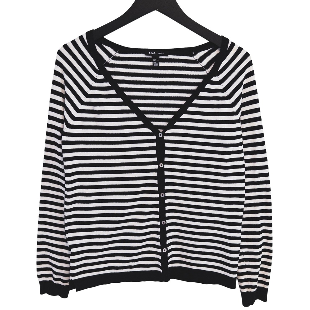 MNG Basics Cardigan Womens Medium Black White Striped Button Front Knit‎ Preppy